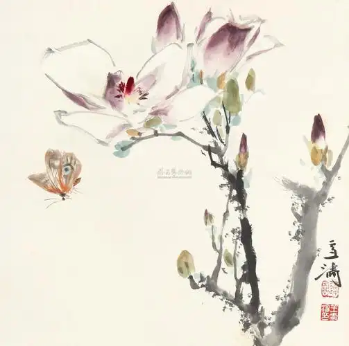 0118 玉兰花蝶 立轴 设色纸本