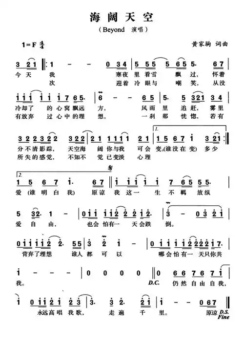 吉他谱由susanguitar用户搜集整理,包括 《海阔天空》 歌词,包括