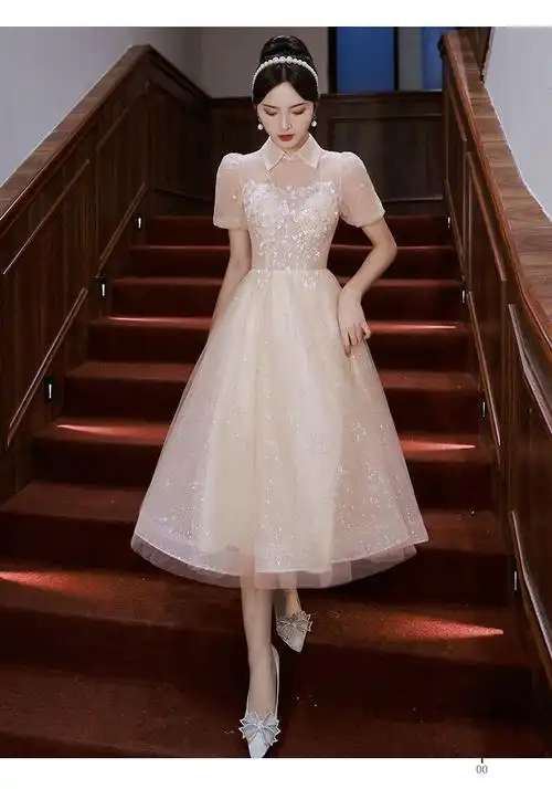 中学生独唱演出服女礼服香槟色晚礼服2022宴会气质中长款学生连衣裙小