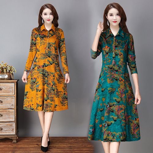 妈妈装春秋长袖连衣裙中老年女装翻领过膝高端气质大摆裙45-55岁
