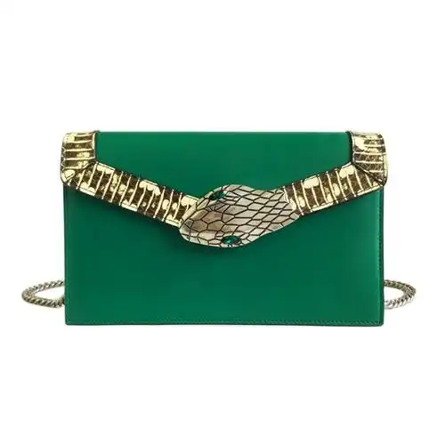 【95新】古驰453753女士绿色拼蛇皮蛇头链条单肩包111019nj03