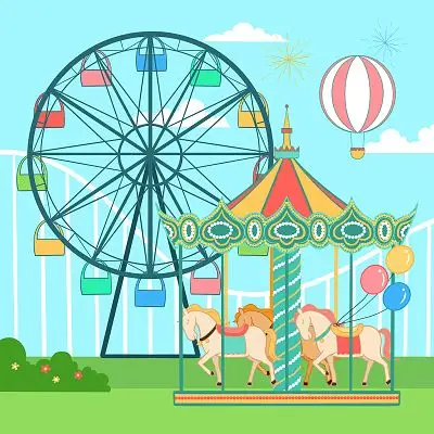 手绘卡通快乐游乐园原创插画海报儿童节蓝天下的环形过山车娱乐项目