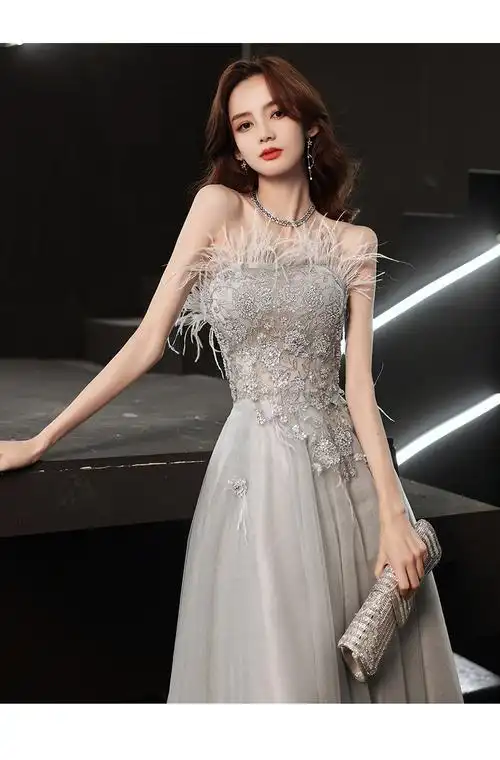 超仙浅蓝灰抹胸晚礼服女2022新款气质宴会晚宴羽毛生日公主裙18岁