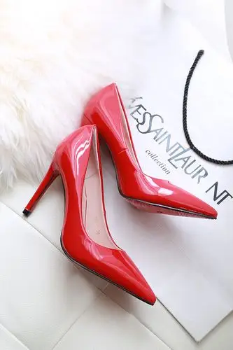 欧美尖头高跟鞋裸粉色漆皮细跟浅口女单鞋红色婚鞋