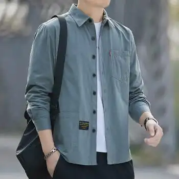 男士圆领衬衫八分袖薄款男夏款青年上班6007长袖灰绿色m