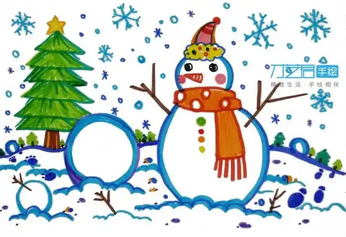 儿童画高级雪地里的小雪人水彩笔儿童简笔画立冬的简笔画法快乐的冬天