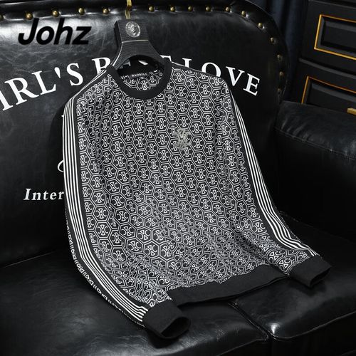 johz欧洲站老佛爷潮流刺绣品牌男士卫衣春秋款印花烫钻长袖圆领高档