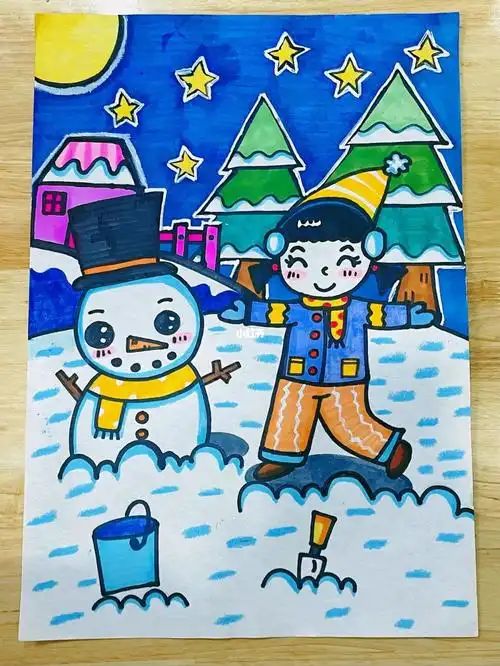 马克笔儿童画下雪了