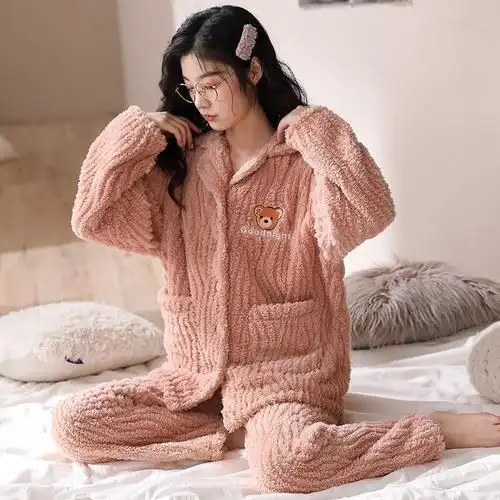 大鼻象 珊瑚绒睡衣女士秋冬季长袖长裤加厚加绒法兰绒毛茸茸少女学生