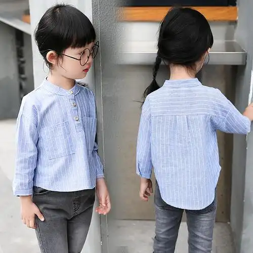 女童衬衫童装2018新款3学院风4立领5岁宝宝条纹纯棉衬衫儿童春装