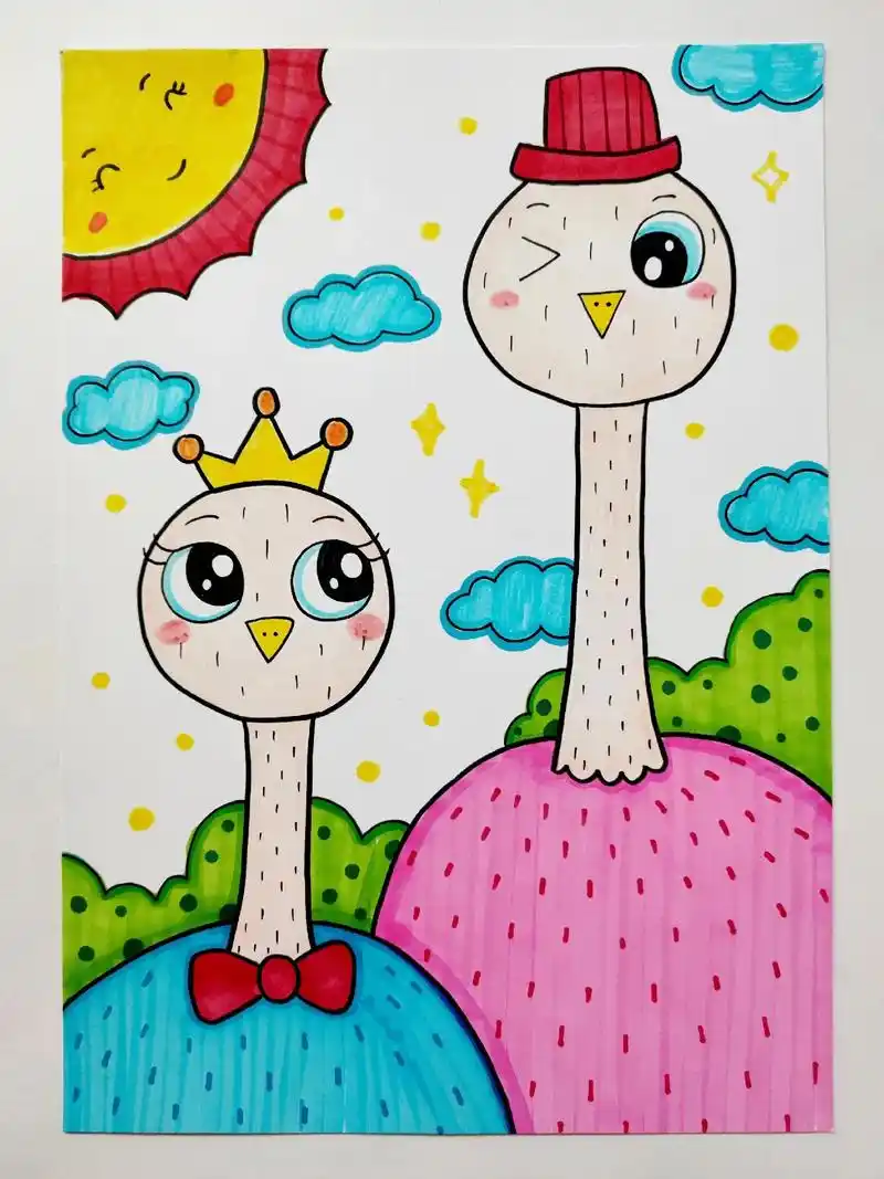 创意儿童画--可爱的鸵鸟,适合中大班小朋友哦.观察 - 抖音