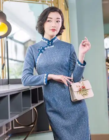 逸红颜针织旗袍女秋冬新款老上海优雅长袖中长款连衣裙[晞月] 浅蓝色