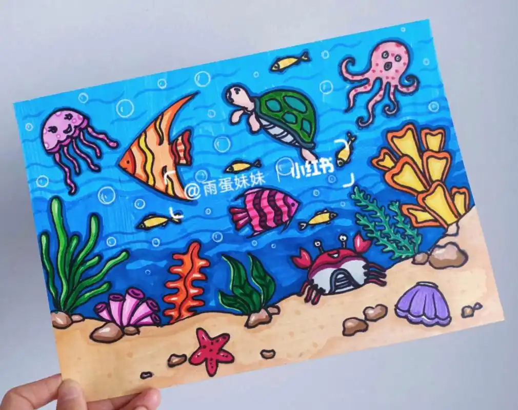 儿童简笔创意画海底海洋世界章鱼水母鱼水草 海洋世界,自主添加宝贝