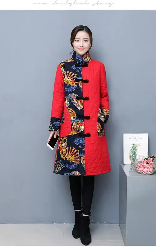 7902f秋冬新款民族风女装棉袄中式复古印花棉麻加厚中长款薄棉衣