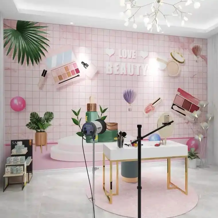 美甲彩妆美容院工作室壁纸护肤品化妆品店网红主播直播间背景墙纸
