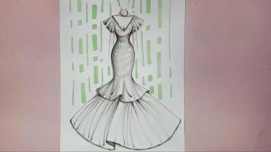 服装设计手绘学习:灰色v领鱼尾晚礼服马克笔上色过程