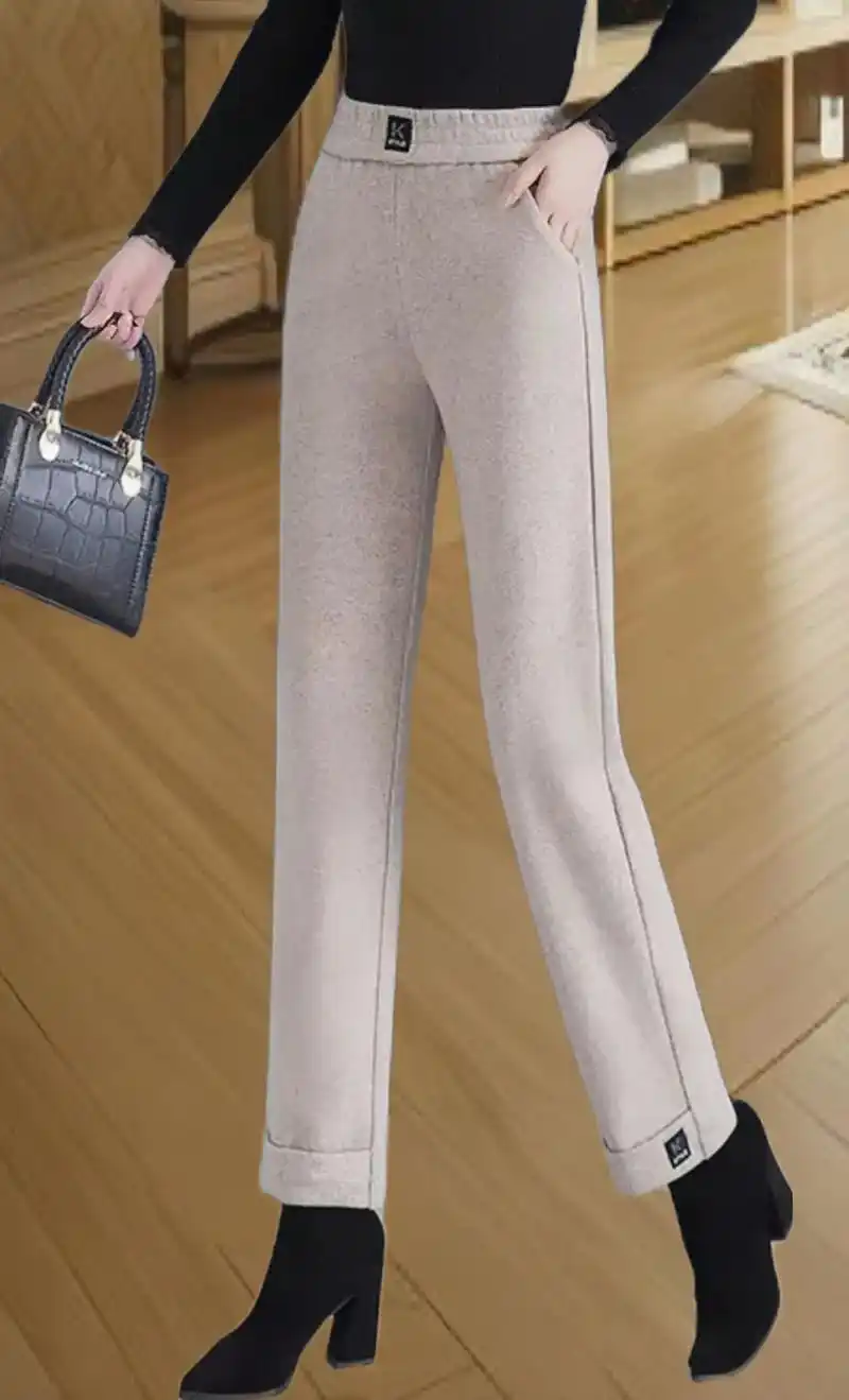 秋冬新款中年妈妈直筒高腰毛呢裤.