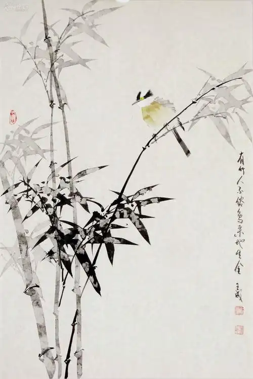 王成工笔花鸟(四尺三开)《有竹人不俗,鸟来地生金.