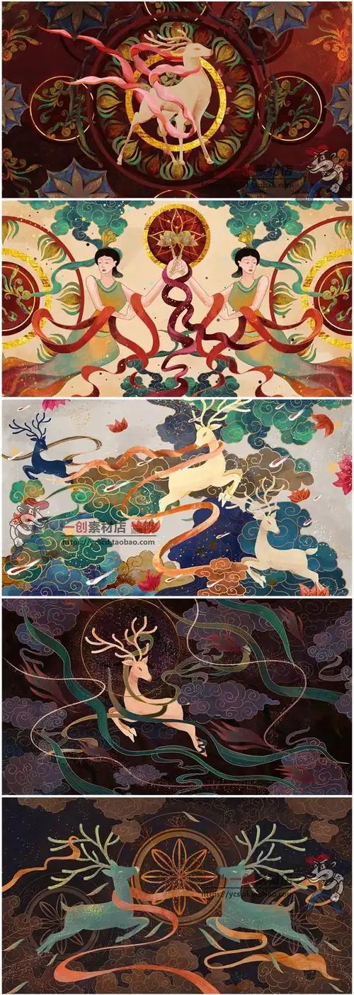 101中国风国潮古典飞天仕女鹿莲花敦煌莫高窟壁画图腾插画psd素材淘宝