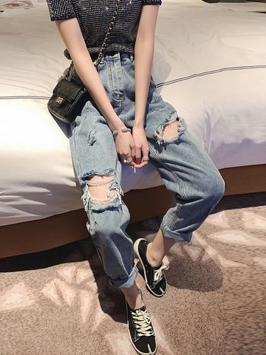 破大洞牛仔裤女宽松九分裤