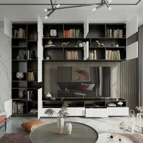 客厅整体电视柜书柜立柜组合柜现代简约吊柜储物柜一体电视柜