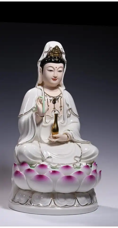 微美坐莲观音菩萨佛像摆件德化陶瓷手工彩绘笑脸观世音家居客厅供奉工