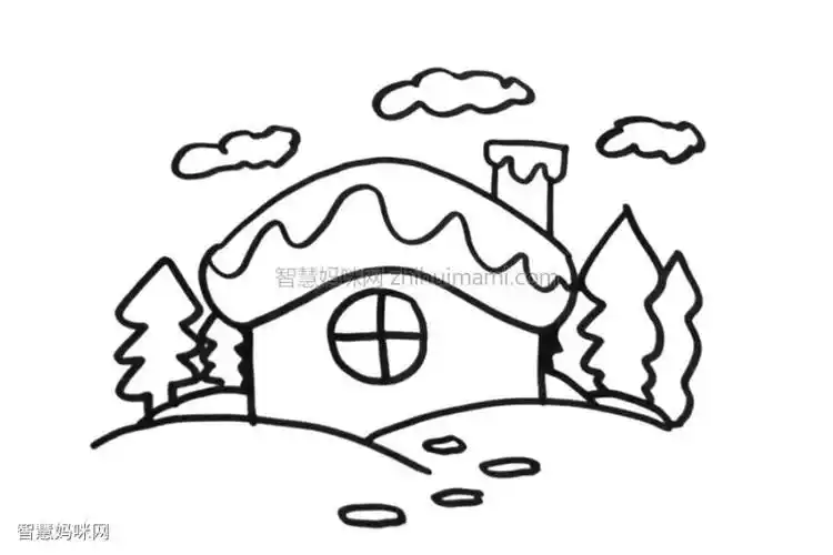 冬天雪房子简笔画画法步骤冬天小山村的简笔画法简单漂亮小房屋简笔画