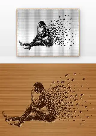 男人坐在地板上渐渐消失姿势沮丧悲伤矢量图 ai