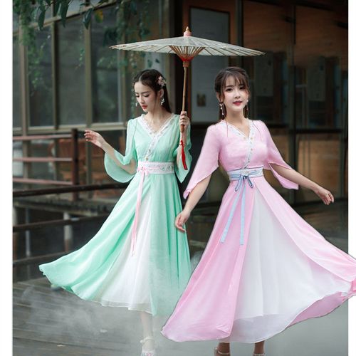 春夏季新款复古汉服汉唐温柔甜美绣花修身连衣裙古风优雅仙女长裙