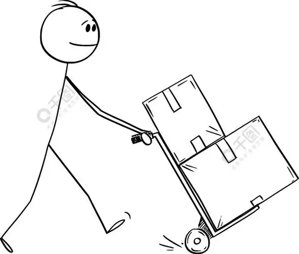 男子推手推车带箱子,送货,移动或物流,矢量卡通棒图或人物插图.男子推