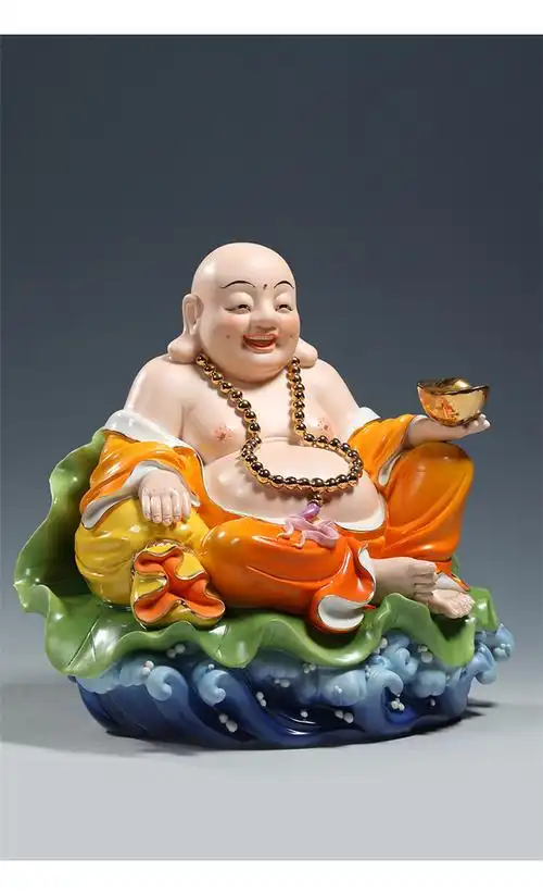 【上美】陶瓷14吋坐荷海浪弥勒桔彩笑佛弥勒佛供奉家用工艺品摆件