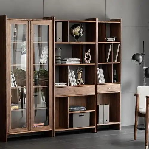 组合日式客厅北欧实木书柜高柜展示柜摆件书架立柜黑胡桃木定制