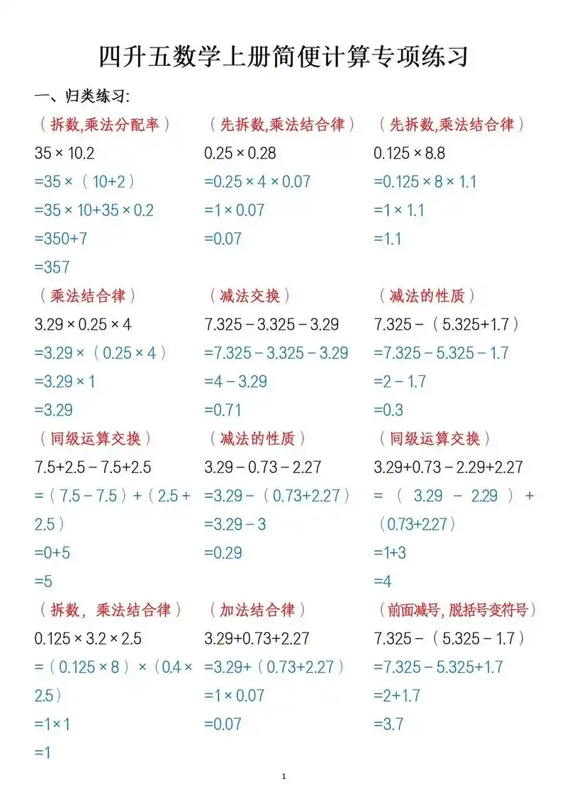 必做简便计算专项练习94老师给大家整理出来了73包含各种运算题型