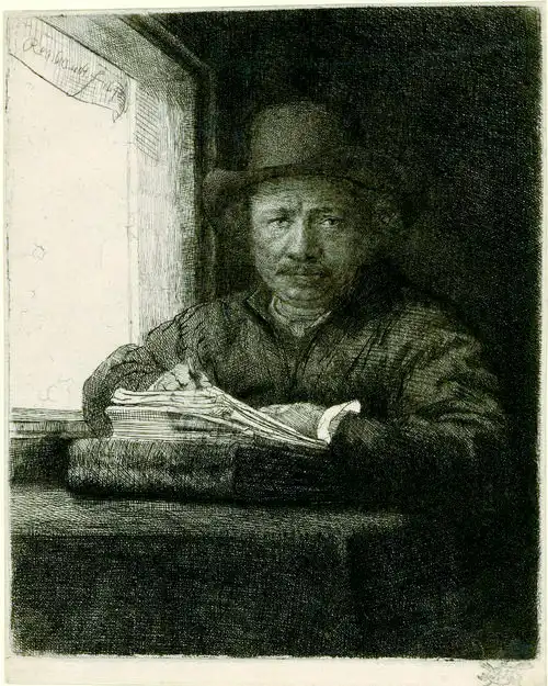 《窗边的自画像》 蚀刻铜版画 1648年  伦勃朗