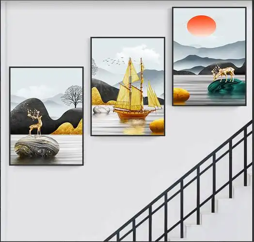 复式楼梯口间装饰画现代简约楼道三联挂画客厅玄关走廊过道墙壁画w款