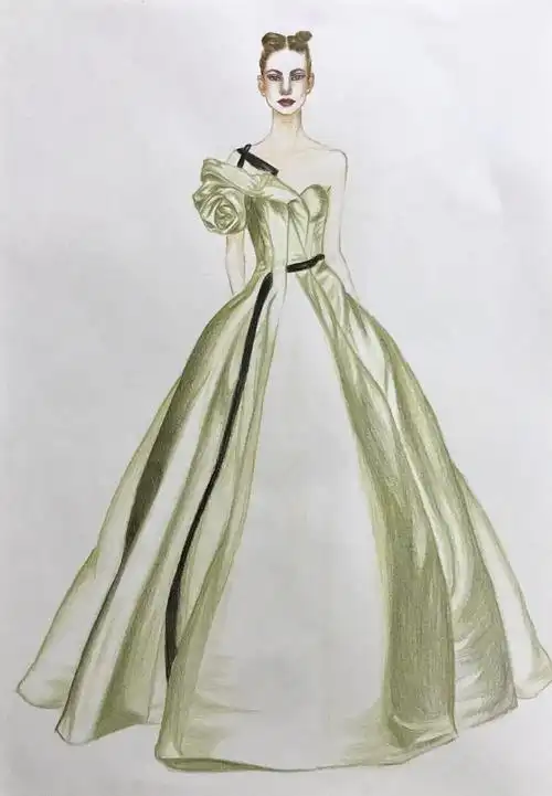 时装手绘|彩铅笔触下,哪吒头女孩的晚礼服