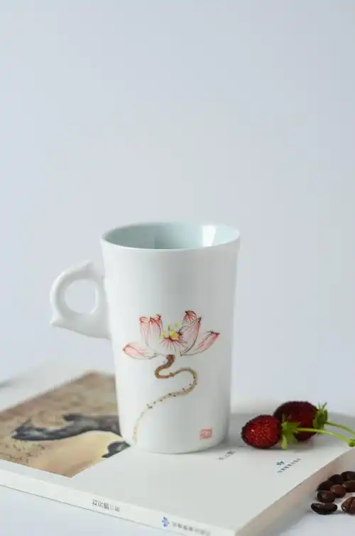 莲花图案马克杯女士大容量杯子复古水杯景德镇陶瓷杯家用个性手绘