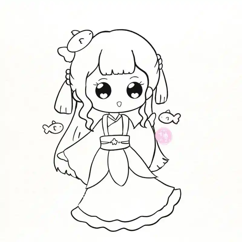 古风汉服星座公主画 超萌简笔画线稿图 巨蟹座 狮子座 天蝎座 双鱼座