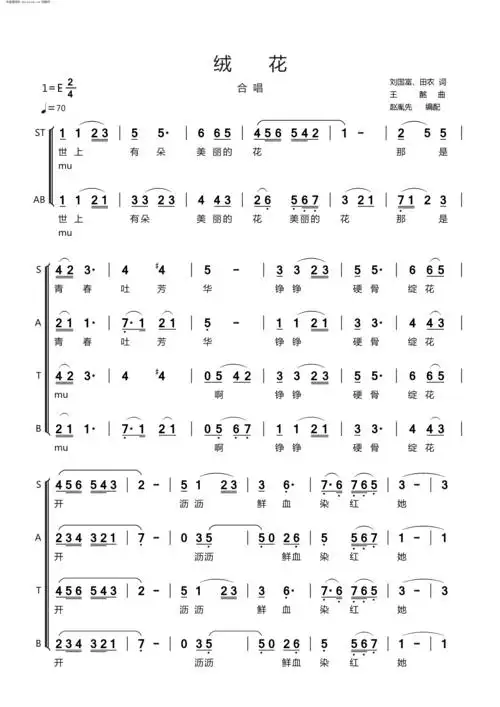 绒花 为声乐组合 中小型合唱团编写 赵胤先 歌谱 简谱