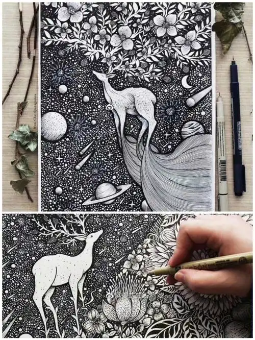 手绘黑白装饰画插画