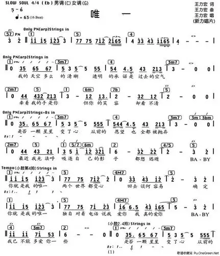 唯一(编配乐谱)_王力宏_二字歌名_歌谱收藏站