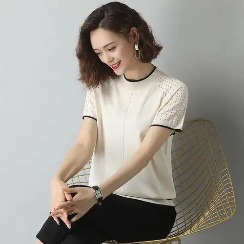 立领短袖t恤女士夏装2020新款女装半高领薄款镂空冰丝针织衫上衣