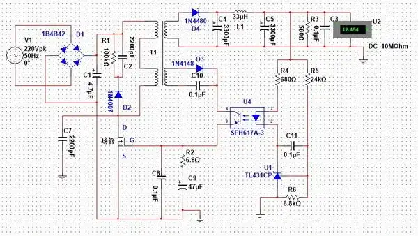 220v12v典型开关电源电路仿真multisim14