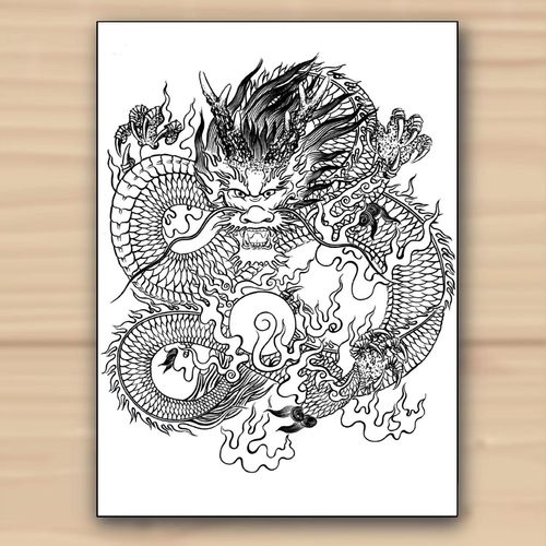 中国龙白描线稿工笔画底稿神话神龙插画临摹练习稿绘画纸宣纸熟宣