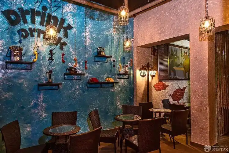 小酒吧背景墙蓝色墙面装修效果图片