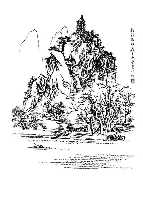 白描山水画稿,国画白描山水,白描山水线稿,白描山水画线描图片