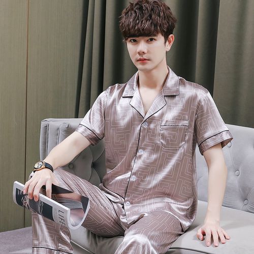 男款睡衣短袖长裤春夏季冰丝丝绸薄款男士睡衣套装大码宽松家居服
