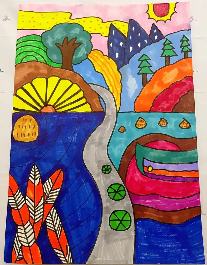 儿童简笔画《风景画小溪》 #儿童画分享 #儿童画作品 #一起 - 抖音