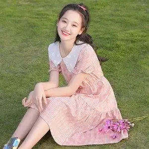 中学生连衣裙女小清新短袖裙子12岁13女孩16初中生过膝长款格子裙