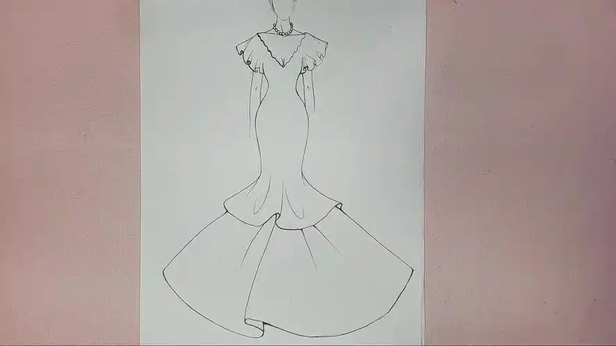 服装设计手绘学习:灰色v领鱼尾晚礼服勾线过程